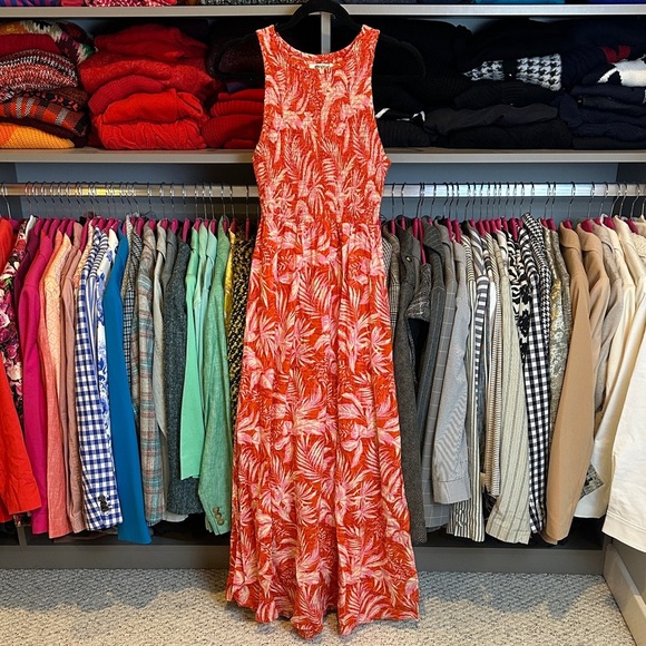 Rip Curl orange/pink sleeveless smocked side slits maxi dress size S - Picture 1 of 3